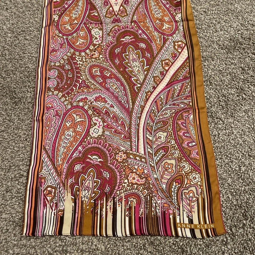 Vtg Anne Klein Rectangular Pink Paisley Floral Scarf 13.5 x 68